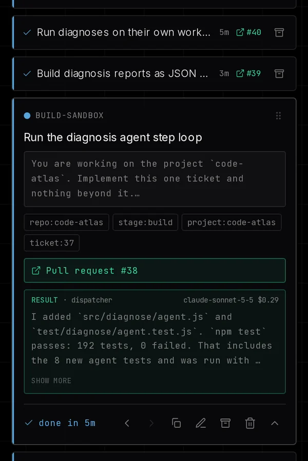 A finished build ticket on the task board with its route, prompt, tags, pull request and a $0.29 result