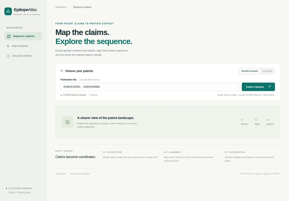 EpitopeAtlas workspace with two prefilled patent IDs