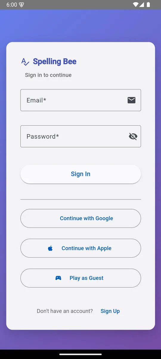 SpellingBee sign-in screen with a guest option