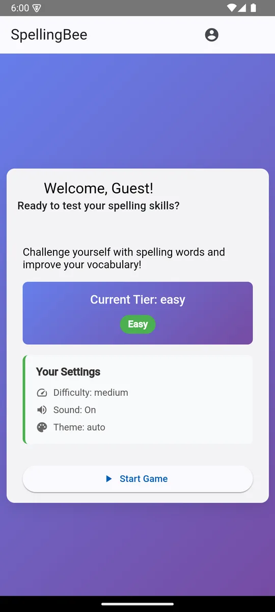SpellingBee home screen showing the current tier and settings