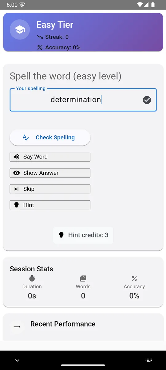 A word in play with the typed answer and game controls
