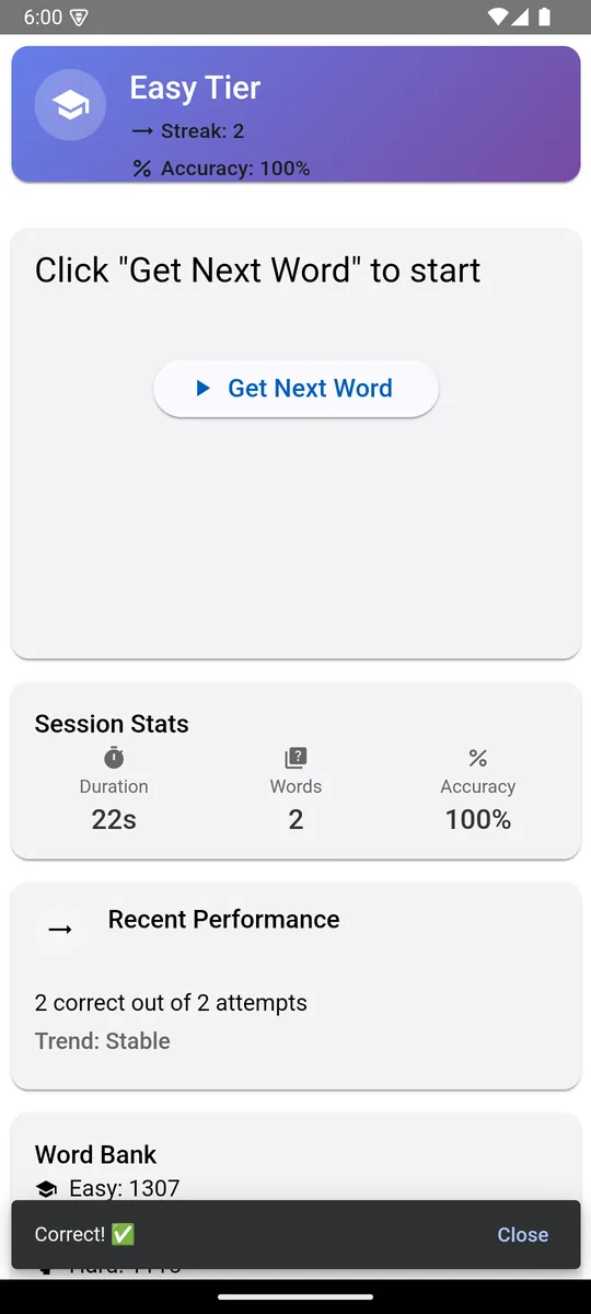 Correct answer confirmation with a running streak