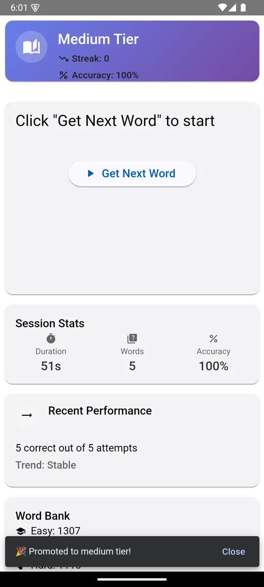 Promotion to the medium tier after five correct answers