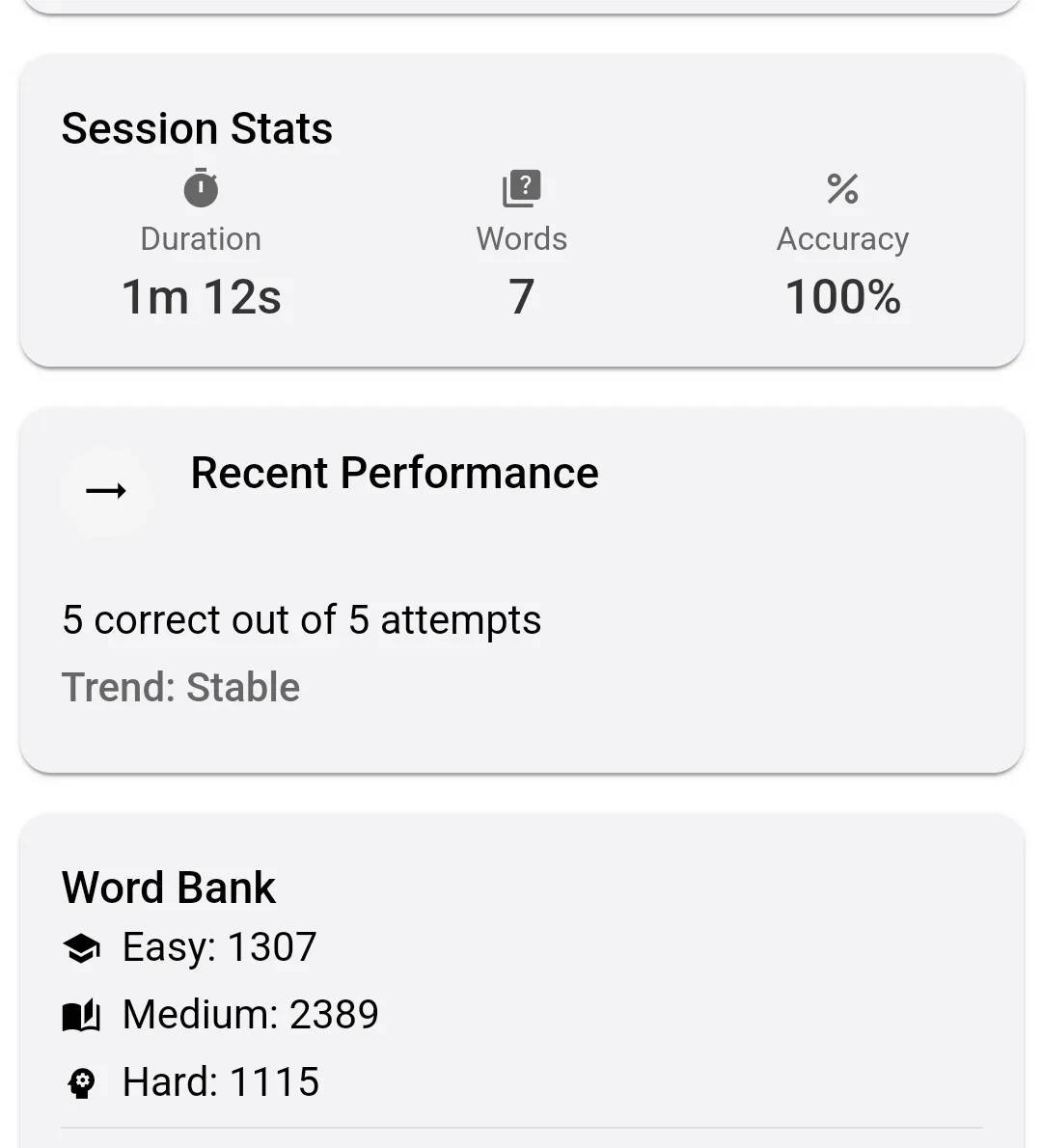 Session stats, recent performance and word bank